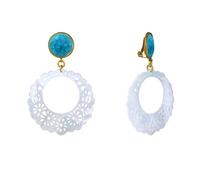 LES POULETTES BIJOUX - Boucles d'Oreilles Clips Métal Doré Rond Craquelé et Disque de Nacre Dentelé Ajouré - Turquoise