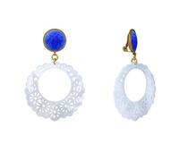 LES POULETTES BIJOUX - Boucles d'Oreilles Clips Métal Doré Rond Craquelé et Disque de Nacre Dentelé Ajouré - Bleu Navy