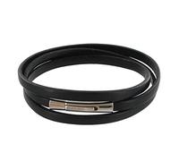 LES POULETTES BIJOUX - Bracelet Homme Cuir Noir Plat Fermoir Acier Inoxydable - taille 18 cm
