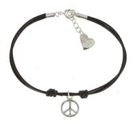 LES POULETTES BIJOUX - Bracelet Peace and Love Argent 925 Lien Cuir Marron Foncé