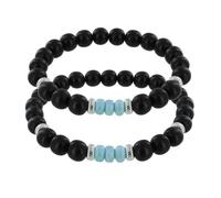 Les Poulettes Bijoux - Duo Bracelets Homme et Femme Elastique Perles d'Ebènes et Trois Anneaux de Larimar