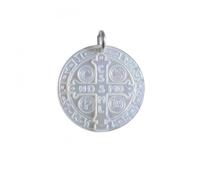 LES POULETTES BIJOUX - Pendentif Médaille Ronde Croix de Saint Benoit en Nacre - Gris argent