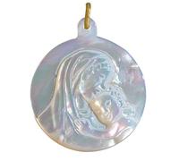 LES POULETTES BIJOUX - Pendentif Nacre Ronde Vierge à l'Enfant