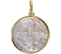 Les Poulettes Bijoux - Pendentif Plaqué Or et Nacre Médaille Ronde Croix de Saint Benoit