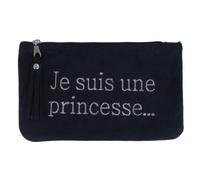 Les Poulettes Bijoux - Pochette Sac Daim Brodé Je suis une Princesse Couleur Bleu Marine