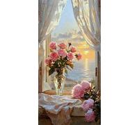 Les roses Rebord de fenêtre Diamond Painting Adulte, Diamond Painting Enfant Débutants, Loisirs Créatifs Adultes,DIY Broderie Diamant Kit Complet, Décoration Cadeau Murale de la Maison 80x160cm N-600