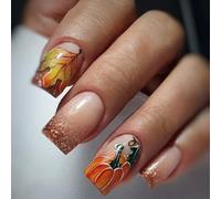 Les Sabots Persistent À Thème D'automne Golden Scintillate Plane Vegetable Art Short Square Faux Hoofs Pour Les Vacances UNGUIS ART