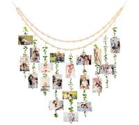 Les-Theresa Cadre Photo Mural avec Corde, Support Photo Mural Pince avec 20 Pinces, Style Bohème, Porte-Photos Mural avec Perles en Bois et Feuilles D'Eucalyptus Simulées pour Décoration de Maison