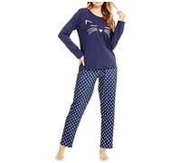 Les-Theresa Ensemble de Pyjama Confortable en Coton pour Femme - Manches Longues, Doux, Chat Imprimé Bleu, Taille S