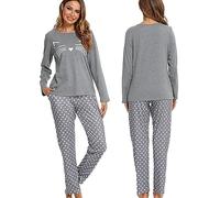 Les-Theresa Ensemble Pyjama en Coton pour Femme - Long - Deux pièces - Manches Raglan - Vêtement de Nuit et Pantalon de Pyjama Long - Automne - Hiver - Combinaison de Loisirs, Gris, S