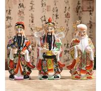 Les Trois Dieux De La Fortune Statue Couleur Chinoise Décalcomanies Fait Main Ornements en Céramique Sculpture Peinte Costume Trois Pièces, 10 inches