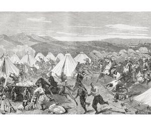 Les troupes de cavalerie sous le lieutenant Lazarev prennent d'assaut le camp turc de Vizinkoy pendant la bataille d'Avliyar-Aladzhinskom 1877. De Russes et Turcs La Guerre d'Orient publié 1878 Poster