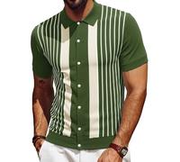 Les umes Polo Homme À Rayures Rétro Cardigan Boutonnée Manches Courtes Coton Été Golf Décontracté Rayures Bande Blanche Verte ArméE XL
