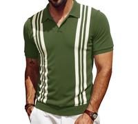 Les umes Polo Homme À Rayures Rétro Col V Manches Courtes Maille Coton Été Golf Décontracté Rayures Bande Blanche Verte ArméE S