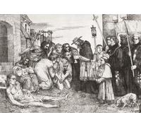 Les victimes de la peste de Rome après une gravure de l'artiste français Alphonse Legros 1837-1911. Les personnes frappées par la peste reçoivent le dernier sacrement d'un cardinal qui est assisté par