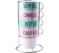 Les Vilaines Filles 38-VF-027 Tasses à Café Empilables et Support Tour Bombasse Connasse Pétasse Chaudasse Set de 4 Assorties Bleu Rose D12 x H21 cm
