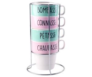 Les Vilaines Filles LA Chaise Longue - 4 Tasses à Café Bombasse avec Support - Céramique New Bone China - Art de la Table - Empilables - Dimensions 12 x 23.4 x 11 cm - 1060 g - Vert et Rose
