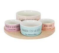 Les Vilaines Filles LA Chaise Longue - Plateau Apéro Service De Table - Céramique Grès et Bambou - 4 Bols Colorés avec Messages Amusants - Ø22 cm - 750 g - Lavable à la Main - Multicolore