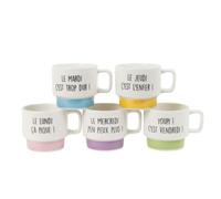 Les Vilaines Filles LA Chaise Longue - Tasses à Café x5 Céramique New Bone China - Design Empilable Multicolore - Ø 10.5 x 7.5 x 8.2 cm - Coffret Semaine