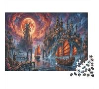 Les Villes Jumelles SteampunkPuzzle Classique 1000 Pièces Complet Le Port de Blood Moon pour Grands-Parents Amélioration De La Mémoire Activité Intérieure 70x50cm/1000pcs