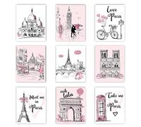 Leseogye Lot de 9 tableaux muraux Paris Tour Eiffel pour salon, image esthétique sur toile, décoration romantique de chambre à coucher, poster rose et impressions d'art, images pour chambre à coucher