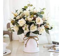 LESING Fleurs Artificielles avec Vase en Céramique Faux Rose Fleurs De Soie Bouquet La Décoration De Mariage Maison Décoration De Fête d'anniversaire Jardin Décor (Champagne)