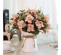 LESING Fleurs Artificielles avec Vase en Céramique Faux Rose Fleurs De Soie Rose Faux Rose Bouquet La Décoration De Mariage Maison Décoration De Fête d'anniversaire Jardin Décor (Rose)