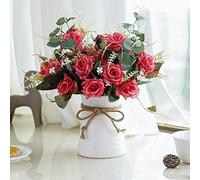 LESING Fleurs Artificielles avec Vase en Céramique Faux Rose Fleurs De Soie Rose Faux Rose Bouquet La Décoration De Mariage Maison Décoration De Fête d'anniversaire Jardin Décor (Rouge)