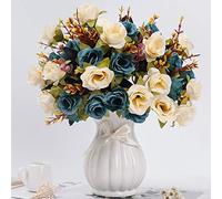 LESING Fleurs artificielles avec Vase - Roses artificielles en Soie - Bouquets de Fleurs de Mariage, Maison, Bureau, fête, Salle de réunion (Bleu-1)