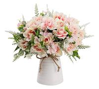 LESING Fleurs Artificielles dans Un Vase en Céramique Fausses Gardénia Fleurs en Soie Bouquet De Mariée Fleur Réaliste pour La Fête De Mariage Maison Décoration De Table Centres (Rose)