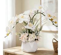 LESING Fleurs d'ochidée artificielles avec vase, fleurs artificielles en pot, orchidée phalaenopsis pour décoration de la maison (style 2, vase blanc)
