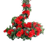 LESING Lot de 4 Guirlande de Rose Artificielles avec Feuille de Lierre Fausse Soie Roses Fleurs Artificielles à Suspendre pour la Maison, Mariage Arche Arrangement Jardin (Rouge)