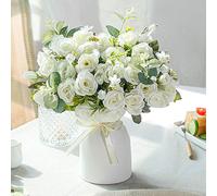 LESING Roses artificielles en soie avec vase - Bouquet de fleurs artificielles pour mariage, maison, bureau, fête, décoration de table (blanc)