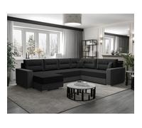 Leslie - Canapé d’angle panoramique convertible réversible 7 places avec coffre - Tissu Noir Gris
