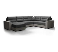 Leslie - Canapé panoramique d'angle réversible 7 places convertible avec coffre en tissu - Gris foncé