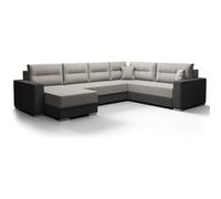 Leslie - Canapé panoramique d'angle réversible 7 places convertible avec coffre en tissu - Gris