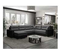 Leslie - Canapé panoramique d'angle réversible 7 places convertible avec coffre en tissu - Gris / Noir