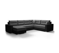 Bestmobilier - Leslie - Canapé panoramique d'angle réversible 7 Places Convertible avec Coffre en Tissu, Gris/Noir