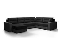 Bestmobilier - Leslie - Canapé panoramique d'angle réversible 7 Places Convertible avec Coffre en Tissu, Noir/Gris