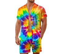 LESOCUSTOM Ensemble deux-pièces homme rétro années 80-90, chemise et short assortis de style hawaïen, boutonnage devant, tenue de plage idéale pour soirées disco et fêtes, Couleur 5., X-Large