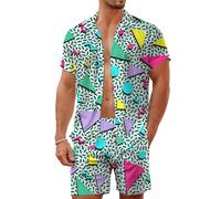 LESOCUSTOM Ensemble deux-pièces homme rétro années 80-90, chemise et short assortis de style hawaïen, boutonnage devant, tenue de plage idéale pour soirées disco et fêtes, Couleur 1, Medium