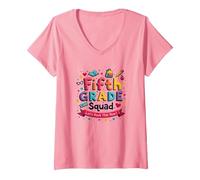 l'esprit Scolaire des Filles de l'équipe de cinquième année Fait du Rock Cette année T-Shirt avec Col en V, Femme, Rose, L