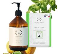 Less is More Gel Douche Naturel en Poudre à Diluer Basilic/Citron, sans SLS, sans Savon, Kit Bouteille Verre GRAND FORMAT + 2 Recharges Ecologique sans Plastique, 500ml à Reconstituer Made in France