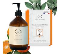 Less is More Savon Liquide Mains en Poudre à Diluer Mandarine/Sauge, sans SLS, Hydratant, Kit Bouteille Verre GRAND FORMAT + 2 Recharges Ecologiques sans Plastique, 500ml à Reconstituer Made in France