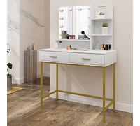 Lestarain Coiffeuse avec Miroir et 10 Ampoules LED, Table de Maquillage avec 2 Tiroirs et 4 Compartiments de Rangement, Blanc et Or 90x45x137,5 cm LUGIG008