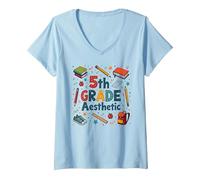 L'esthétique de 5e année dans la Nostalgie de Mon école de cinquième année T-Shirt avec Col en V, Femme, Bleu Céleste, L