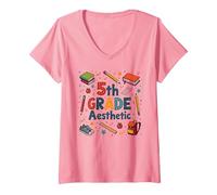L'esthétique de 5e année dans la Nostalgie de Mon école de cinquième année T-Shirt avec Col en V, Femme, Rose, S