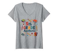 L'esthétique de 5e année dans la Nostalgie de Mon école de cinquième année T-Shirt avec Col en V, Femme, Gris Chiné, S