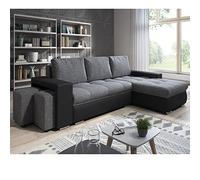 Canapé Angle Convertible Simon Noir / Gris + 2 Poufs Noir