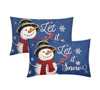 Let it Snow Lot de 2 housses de coussin lombaire rectangulaires décoratives en coton et lin pour canapé et extérieur Motif bonhomme de neige et flocon de neige Bleu 30,5 x 50,8 cm